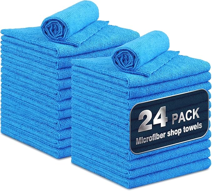 Microfiber Cleaning Cloth, 24 Pack Reusable Microfiber Towels for Cars Lint Free Cleaning Shop Towel Rags for Home Kitchen Automotive Bar Mechanic Restaurant Garage, 11.5"x 11.5", Blue