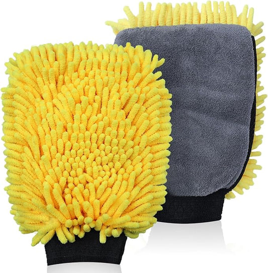Premium Car Wash Mitts (2-Pack), Scratch-Free 2-in-1 Dual-Side Chenille Microfiber Gloves for Auto Detailing, Safe on Paint, Glass, Chrome – for Cars, Trucks, SUVs, RV & Motorcycle (Yellow)