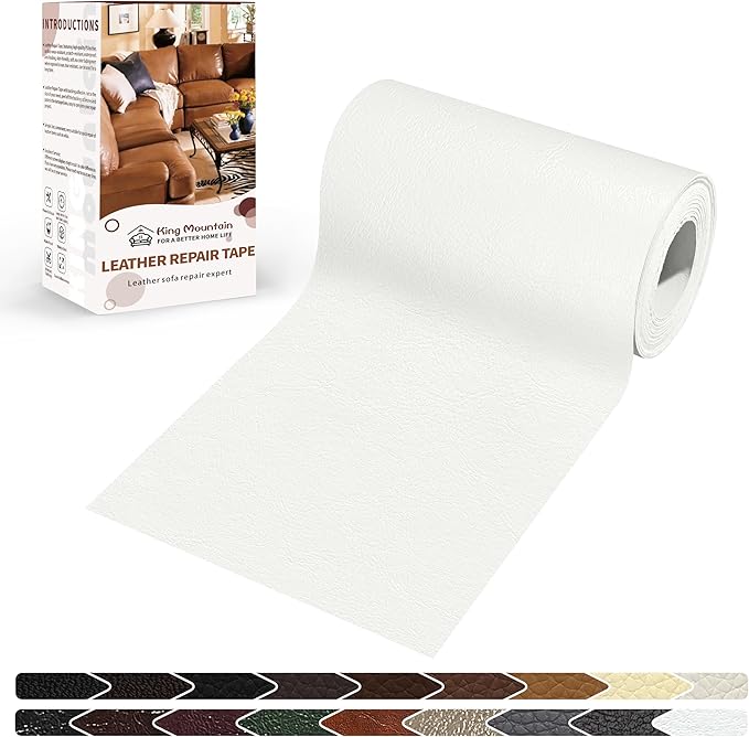 KING MOUNTAIN Leather Repair Patch,4 x 63 Inches self Adhesive Leather Repair Tape for Damaged Leather Furniture, Sofa Seating,Car Seats, Leather Goods（White）