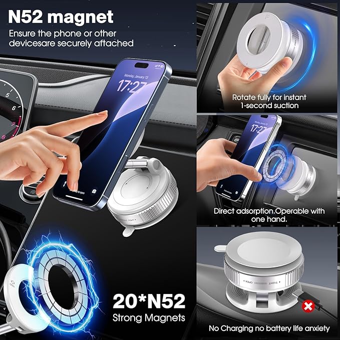 Jikasho Vacuum Magnetic Suction Phone Holder, Foldable and Retractable Hands-Free Suction Cup Phone Mount for Car/Gym/Mirror/Smooth Surface, Compatible with iPhone Android and All Smartphones (White)