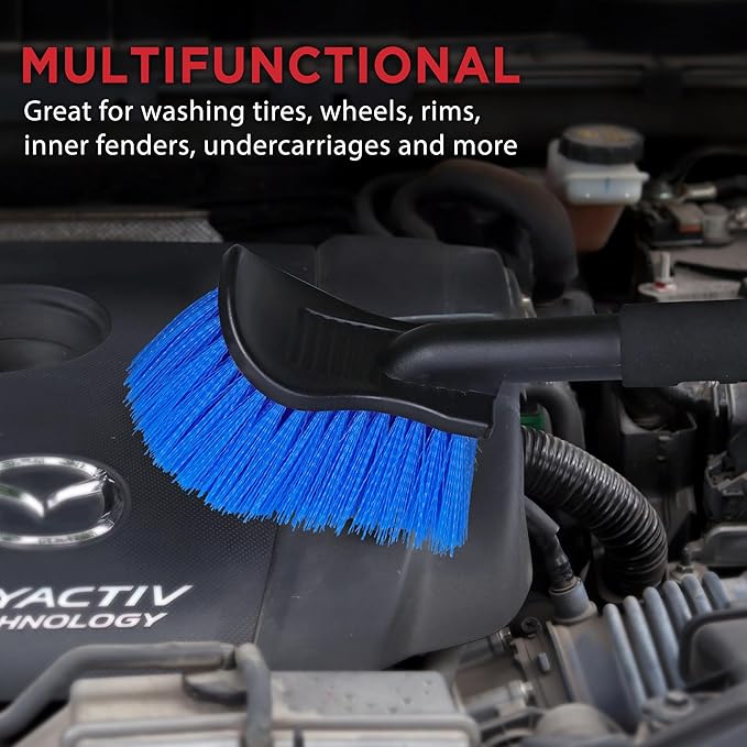 TAKAVU 17.5" Long Handle Wheel Tire Body Brush - Gentle Car Wash Brush for Safe Tire Sidewall & Wheel Cleaning - Scratch-Free Automotive Tool (Blue - Stiff Bristle)