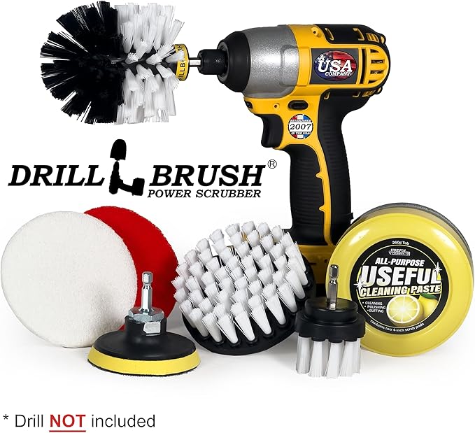 Drillbrush White Soft Bristle Nylon Brush Cleaning Supplies with All Purpose Cleaner Paste for Auto Upholstery - Vehicle Carpet Cleaner Attachments for Drill - Multi Purpose Household Essentials Kit