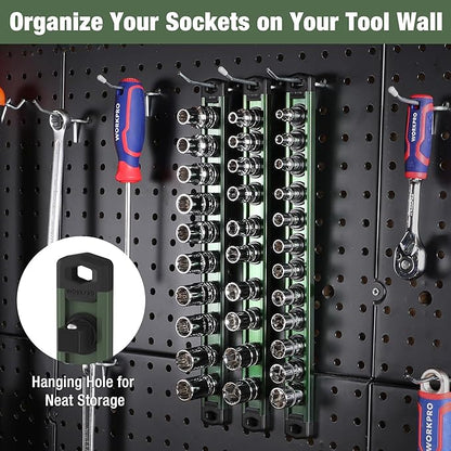 WORKPRO Magnetic Socket Organizer, 1/4-Inch Drive Aluminum Alloy Socket Rail, Heavy Duty Socket Holder, Socket Rack Kit 1/4-Inch x 12 Clips Green (Socket not Included)