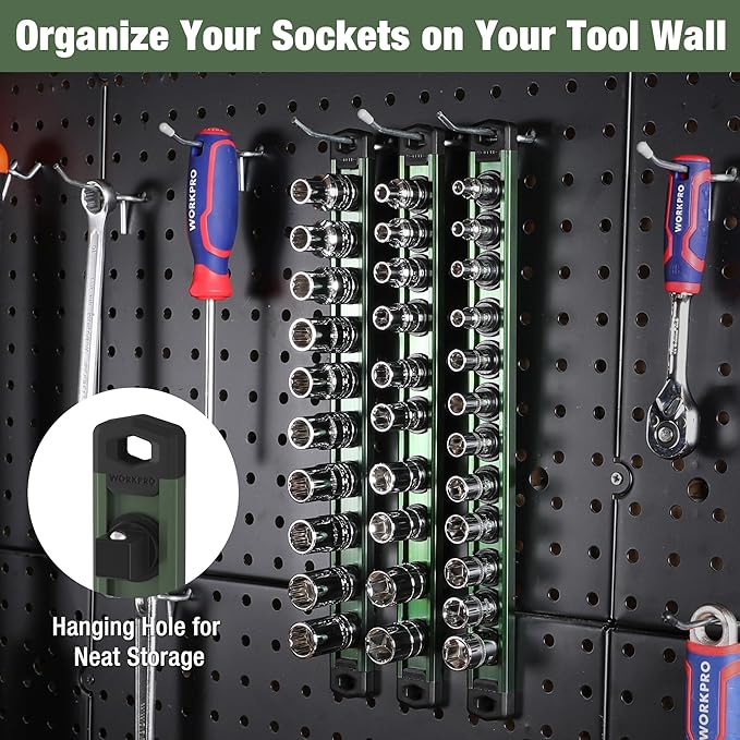 WORKPRO Magnetic Socket Organizer, 3/8-Inch Drive Aluminum Alloy Sockets Rail, Heavy Duty Sockets Holder, Socket Rack Kit 3/8-Inch x 10 Clips Green (Socket not Included)