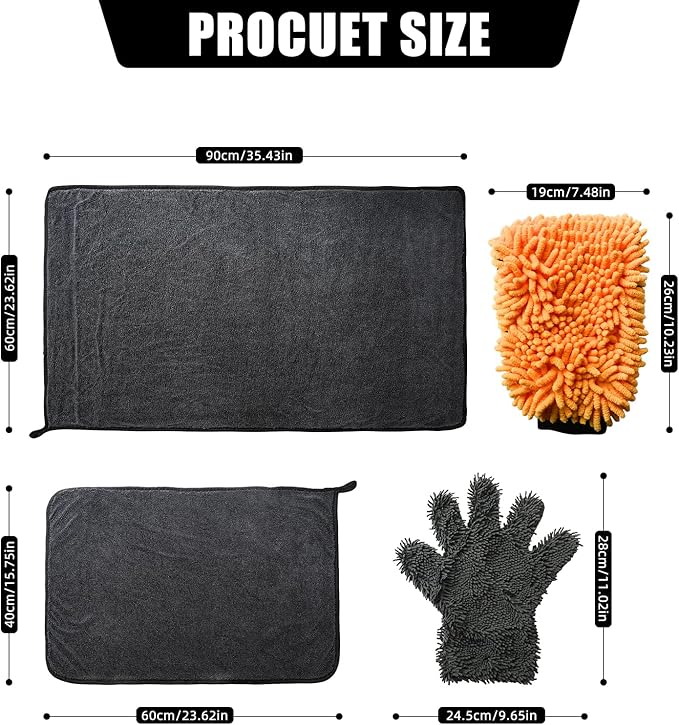 2Pack1300 microfiber towels for cars 36“ x 24” & 24“ x 16” and 2 Double Sided Car Wash Mitts Set, Super Absorbent, Scratch-Free, Reusable, For Car Detailing, Washing, Waxing, Motorcycle, Windows