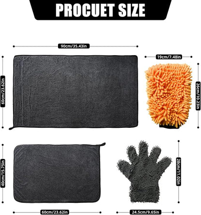 2Pack1300 microfiber towels for cars 36“ x 24” & 24“ x 16” and 2 Double Sided Car Wash Mitts Set, Super Absorbent, Scratch-Free, Reusable, For Car Detailing, Washing, Waxing, Motorcycle, Windows