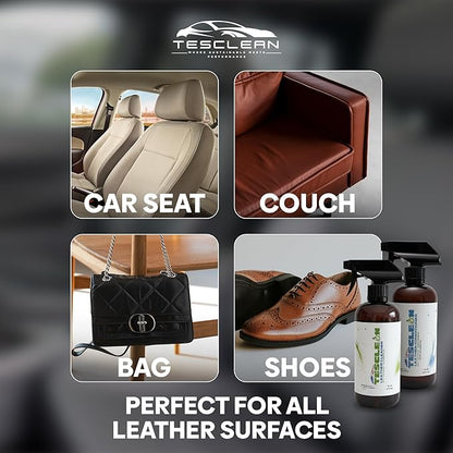 Tesclean Car Leather Cleaner & Conditioner, Made in the USA, Dash & Vinyl,Vegan Conditioner Electric Vehicle Interiors, With Microfiber Towel & Sponge, Interior Cleaner For Tesla