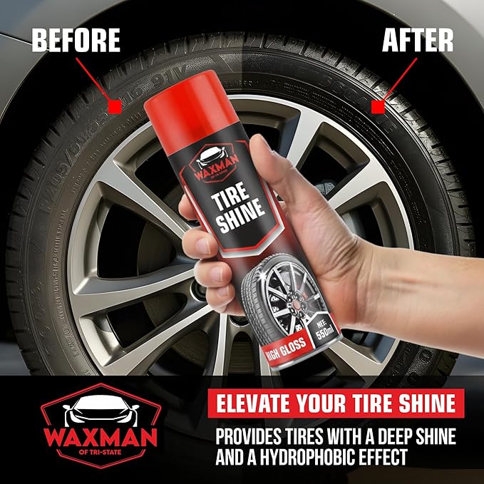 WAXMAN OF TRI STATE Car Tire Shine Spray – Deep Wet Look Car Tire Shine, Long-Lasting Hydrophobic Non-Greasy Tire Dressing – Safe for Cars, Trucks, Motorcycles, RVs – 18.6 fl oz
