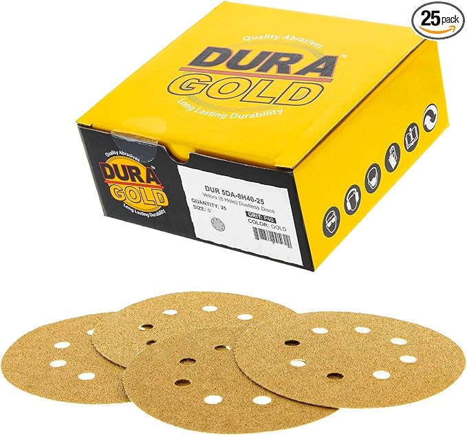 Dura-Gold Premium 40 Grit 5" Sandpaper Discs, 8 Hole Pattern Dustless, 25 Discs - Hook & Loop Backing for Orbital DA Sander, Detailing Finishing Color Sanding Automotive Paint Woodworking