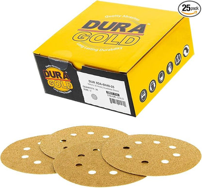Dura-Gold Premium 40 Grit 5" Sandpaper Discs, 8 Hole Pattern Dustless, 25 Discs - Hook & Loop Backing for Orbital DA Sander, Detailing Finishing Color Sanding Automotive Paint Woodworking