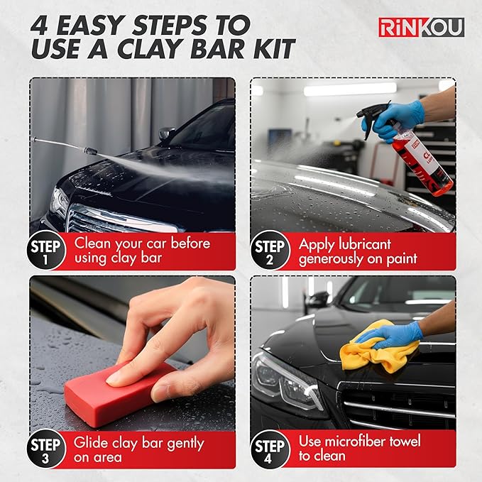 Clay Bar Kit - Includes 5 Car Clay Bars for Auto Detailing (100g + 4x50g) + 16 fl. oz Lubricant + 2 Microfiber Cloths for Scratch-Free Finishing, Essential Kit for Car Detailing