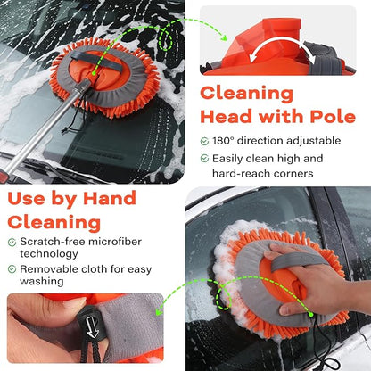 18FT Reach Car Wash Brush with Long Handle,Scratch-Free Soft Bristle Car Cleaning Kit with 3-12FT Extension Pole,Microfiber Clean Mop,Window Squeegee,Mitt,Wheel Brush for RV,Truck,SUV,Siding Washing