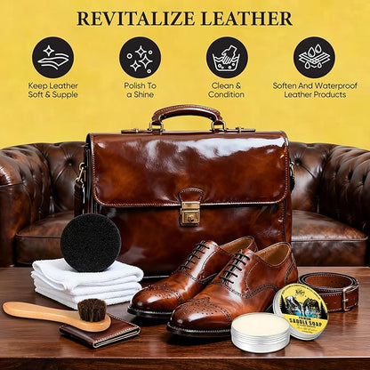 Awaydol Saddle Soap for Leather 3.52oz,3-in-1 Leather Cleaner & Conditioner to Soften,Protect Leathercraft with Horsehair Brush & Cloth,Leather Soap for Car Interior,Couch,Shoe,Purse,Boot,Bag & Saddle