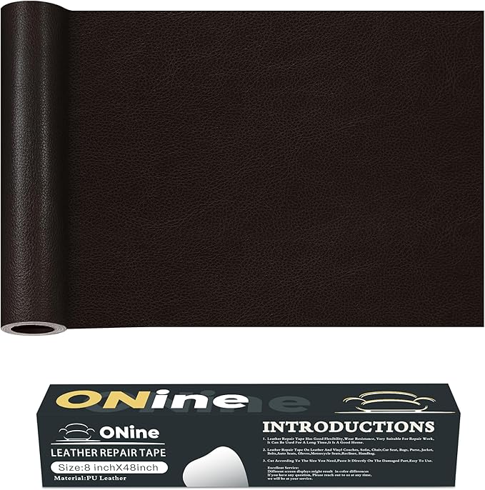 ONine Leather Repair Patch，Leather Repair Tape, 8 x 48 inches Leather Repair Patch for Furniture,Vinyl Repair kit，Leather Couch Patch，for Sofas, Furniture, car Seats(Black Brown)