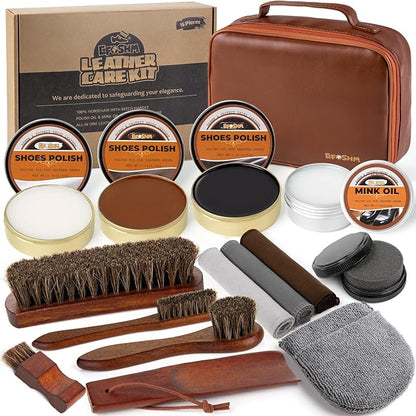 15-in-1 Shoe Shine Kit & Leather Polish Set with 4 Horsehair Brushes, Black Brown Neutral Wax, Mink Oil, 3 Cloths Shine Sponges Boot Care Cleaning Mens Valentines Day Gifts with Portable Leather Case