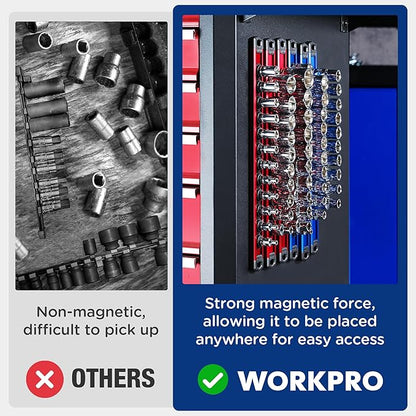 WORKPRO Magnetic Socket Organizer - 6-Piece Aluminum Alloy Socket Rail, Heavy Duty Socket Holder - Set: 1/4-Inch x 12 Clips, 3/8-Inch x 10 Clips, 1/2-Inch x 10 Clips