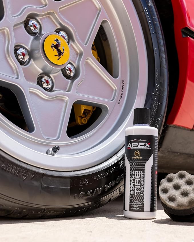 Apex Acrylic Tire Shine and Tire Shine Applicator - 16 oz Semi-Permanent - 6+ Months Durability - Easy to Apply - Fast Drying Car Tire Shine - No Sling - Glossy - Extreme Tire Dressing - Made in USA
