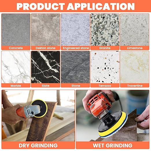 XLIUAX 20 Pack Diamond Polishing Pads Set, 4 Inch Wet/Dry Granite Stone Polish Pad Kit 30-10000 Grit with 5/8’’-11 Backer Pad Drill Grinder Adapter and Wool Disc for Marble Rock Concrete Stone Quartz