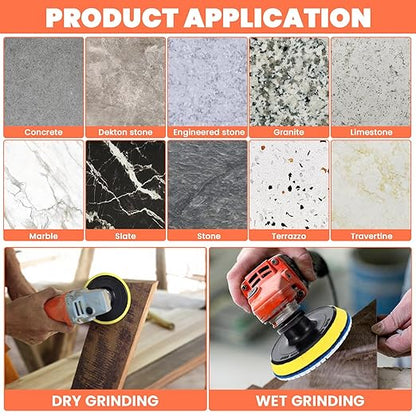 XLIUAX 20 Pack Diamond Polishing Pads Set, 4 Inch Wet/Dry Granite Stone Polish Pad Kit 30-10000 Grit with 5/8’’-11 Backer Pad Drill Grinder Adapter and Wool Disc for Marble Rock Concrete Stone Quartz