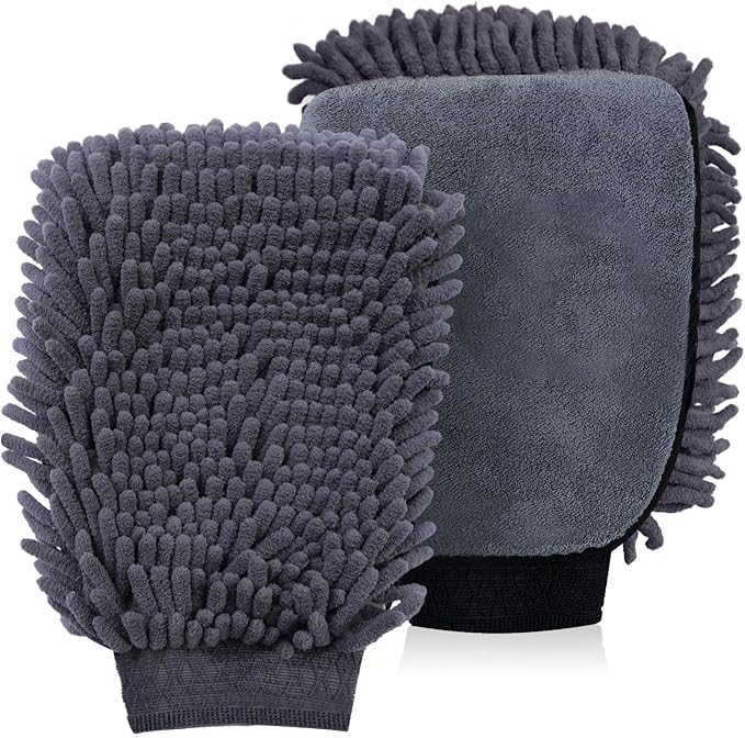 Premium Car Wash Mitts (2-Pack), Scratch-Free 2-in-1 Dual-Side Chenille Microfiber Gloves for Auto Detailing, Safe on Paint, Glass, Chrome – for Cars, Trucks, SUVs, RV & Motorcycle (Grey)