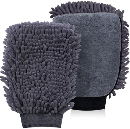 Premium Car Wash Mitts (2-Pack), Scratch-Free 2-in-1 Dual-Side Chenille Microfiber Gloves for Auto Detailing, Safe on Paint, Glass, Chrome – for Cars, Trucks, SUVs, RV & Motorcycle (Grey)