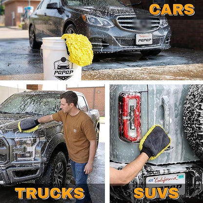 Premium Car Wash Mitts (2-Pack), Scratch-Free 2-in-1 Dual-Side Chenille Microfiber Gloves for Auto Detailing, Safe on Paint, Glass, Chrome – for Cars, Trucks, SUVs, RV & Motorcycle (Yellow)