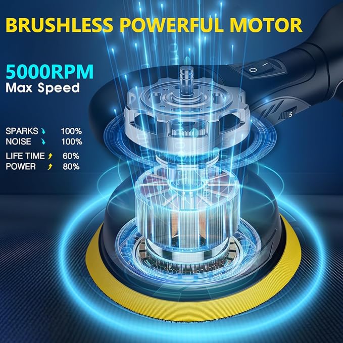 JUSFIT Cordless Car Buffer Polisher kit, 2x 2000mAh 20V Batteries, 6-Speed Brushless Motor, 6-Inch Pad, 3.0LB Lightweight, Dual Action Random Orbital, Car Detailing, Boat, Wood & Furniture