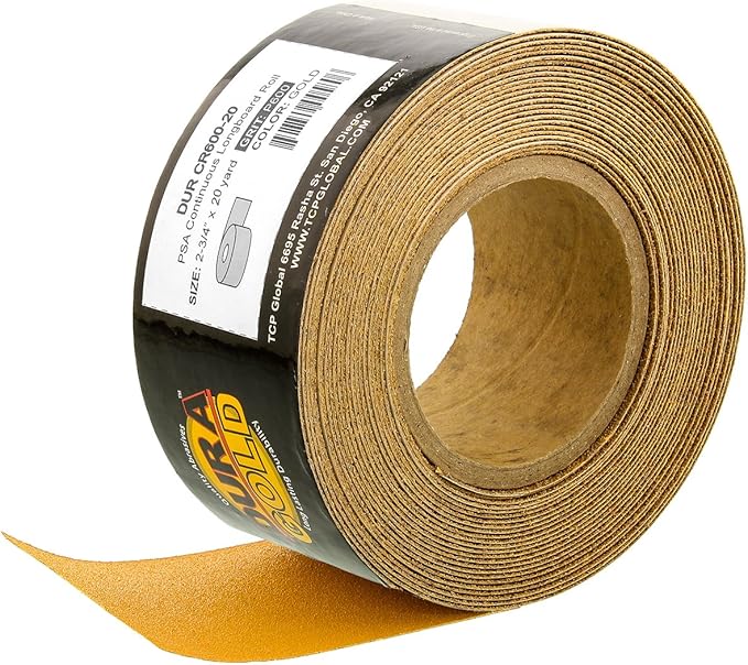 Dura-Gold Premium Gold 600 Grit PSA Longboard Sandpaper, 20 Yard Roll, 2-3/4" Wide, Self Adhesive Stickyback, Woodworking & Automotive Sandpaper Roll, Air File Sand Paper, Auto Sanding Blocks