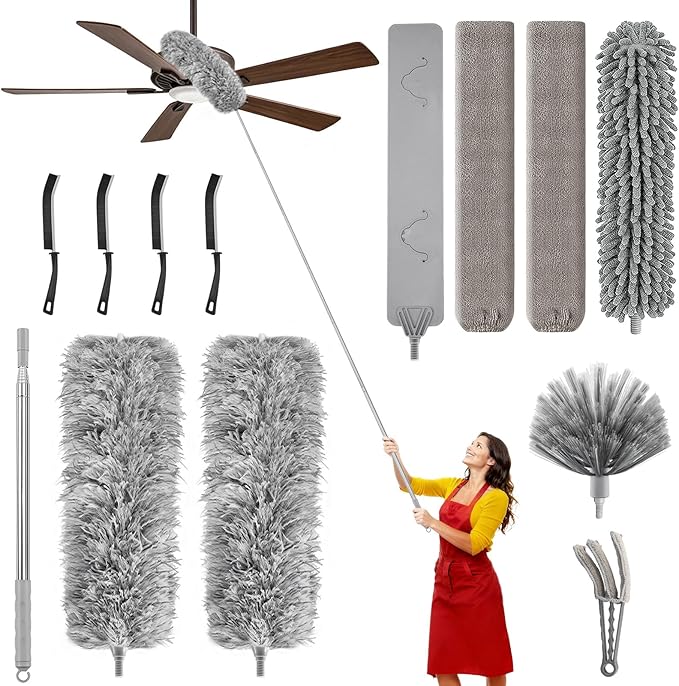 12-in-1 100-Inch Extendable Duster Kit–Multi-Tool Set (Multi-Angle Chenille/Microfiber/Window Blind/PP Panel) for Home/Office/Car