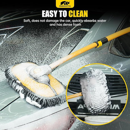 MIKKUPPA 40" Car Wash Brush with Long Handle - 15°Curved Car Cleaning Brush with Aluminum Telescopic Handle, Removable Scratch-Free Chenille Microfiber Brush Head Wash Mop for Cars RV Truck Boat