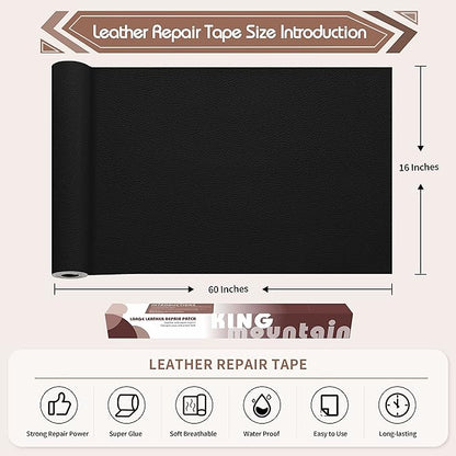 KING MOUNTAIN Leather Repair Patch,16 x 60 Inches self Adhesive Leather Repair Tape for Damaged Leather Furniture, Sofa Seating,Car Seats, Leather Goods(Black)