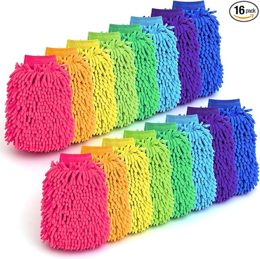 16 Pcs Microfiber Car Wash Mitts, Scratch Free Chenille Microfiber Wash Mitt Double Sided Ultra Absorbent Car Sponge Glove for Cars Wheel Trucks Home Cleaning(7.5'' x 10.2'')