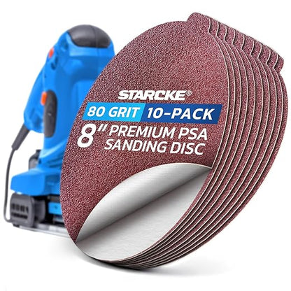 8 inch Sanding Disc Self Stick Orbital Sander Pads 10 Pack No Hole - Premium 80 Grit Sandpaper Discs Aluminum Oxide, Durable PSA Sand Paper, Round Sanding Discs Adhesive Back for Wood & Metal