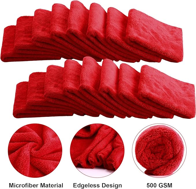 Shimeyao 30 Pcs 16 x 16 Inch Edgeless Microfiber Plush Towels for Cars Detailing Drying Wash Polishing Absorbent Cleaning Cloths, 500 GSM (16 x 16 Inch, Red, 30 Pcs)