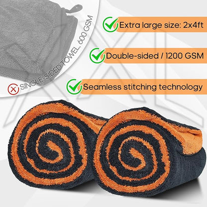 PBHEPJ 2-Pack XXL (48"x 24") Microfiber Car Drying Towel, Double-Sided Car Cleaning Towel with Twisting Yarn Technique, 1200GSM Super Absorbent, Scratch-Free, Machine Washable