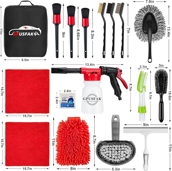 GPUSFAK 26Pcs Car Wash Cleaning Kit with Foam Gun Sprayer Detailing Brushes Window Water Scraper Tire Brush Towels Complete Interior Exterior Detailing Set for Car