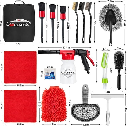 GPUSFAK 26Pcs Car Wash Cleaning Kit with Foam Gun Sprayer Detailing Brushes Window Water Scraper Tire Brush Towels Complete Interior Exterior Detailing Set for Car