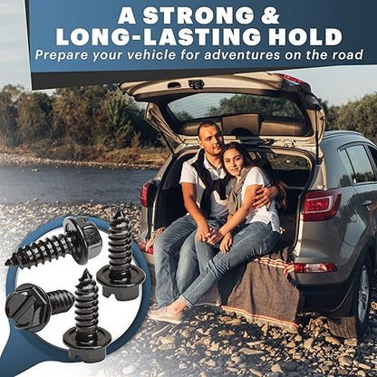 Black License Plate Screws Kit - Set of 8 Fasteners For Front and Back License Plates and License Plate Frames or Covers on Domestic Cars, Trucks, SUVs - Rustproof, Self Tapping Mounting Bolts (Black)