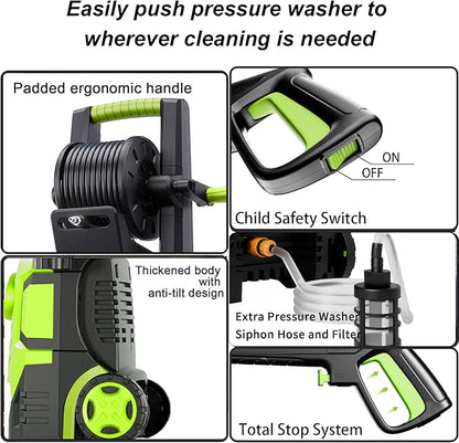 2025New Pressure Washer 4800PSI, 34" Tall, 4 Quick Connect Nozzles,Inlet Hose&Filter&500mlFoam Cannon for Cars/Fences/Driveways/Home Cleaning,Green
