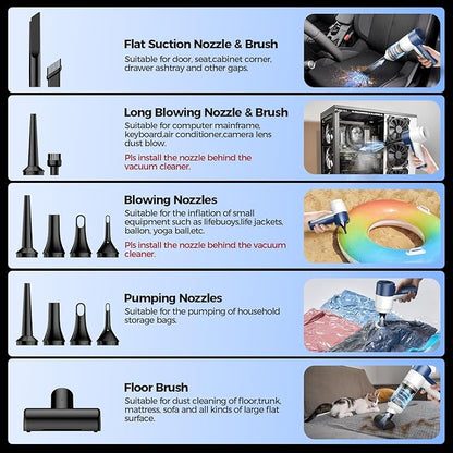 Car Vacuum Cleaner Cordless, 4 in 1 Portable Vacuum Cleaner 16000PA High Power Air Duster & Air Blower & Pump, Rechargeable Handheld Vacuum with Brushless Motor, Multi-Nozzles for Car, Home, Office