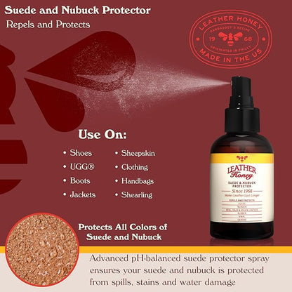 Leather Honey Suede Protector Spray: NonToxic, Non-aerosol Water and Stain Repellent. Protect Suede & Nubuck Shoes, Uggs, Boots, Furniture, Jackets, Bags & Apparel, 4oz