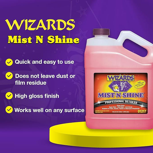 Wizards Mist-N-Shine Professional Detailer - 1 Gallon Refill - Multi-Purpose High Gloss Waterless Quick Detailer for Glass, Chrome, Paint & Plastics - Car Exterior Cleaner Auto Detailing Supplies
