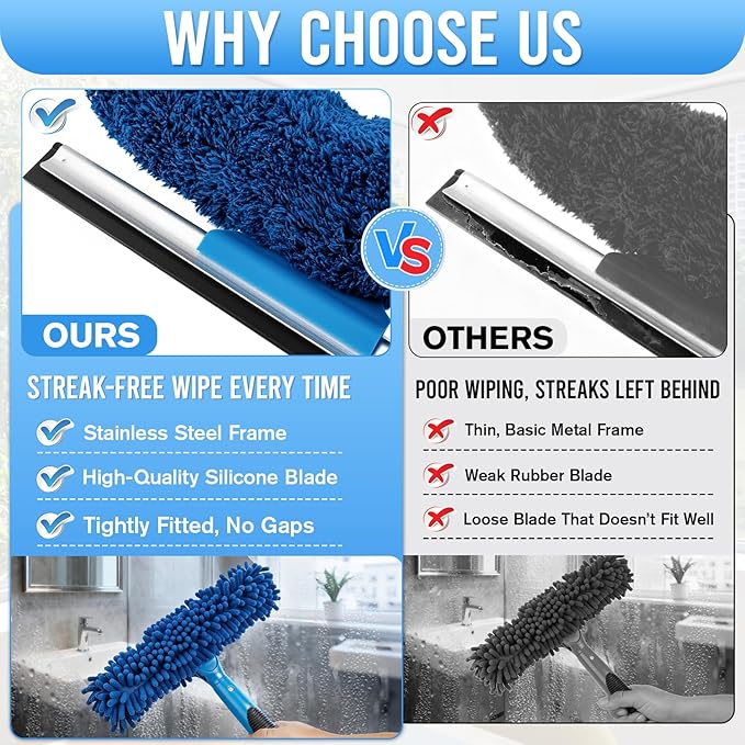 JTIEO 69'' Squeegee for Window Cleaning, 2-in-1 Window Squeegee Cleaner Tool with Extension Pole & Rotating Head, Blue Window Cleaning Kit for Shower Cleaner, Indoor & Outdoor Glass, High Window, Car