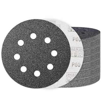 100PCS 5 Inch Hook and Loop Sanding Discs 60 Grit, 8 Hole Wet Dry Orbital Sander Sand Paper, Silicon Carbide Sandpaper for Automotive Wood Metal Glass