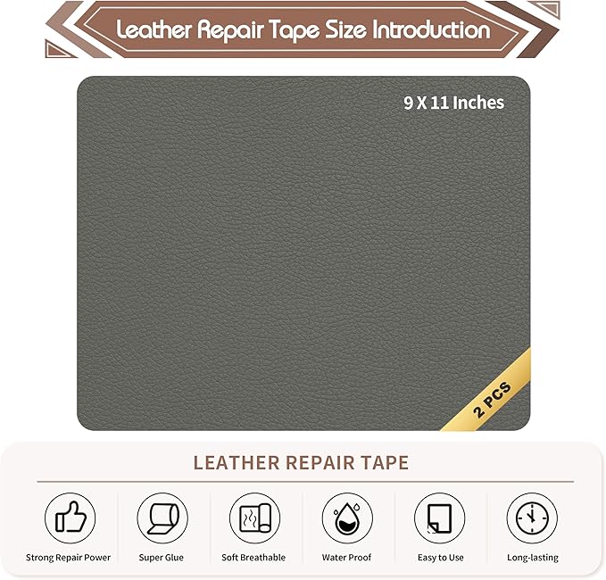 KING MOUNTAIN Leather Repair Patch,2 Packs 9 x 11 Inches self Adhesive Leather Repair Tape for Damaged Leather Furniture, Sofa Seating,Car Seats, Leather Goods（Gray）