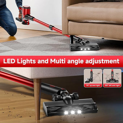 BSNAW Cordless Vacuum Cleaner for Home - Lightweight, Stick Vacuum Clean with Rechargeable Battery, Max 45Mins Runtime, 8 in 1 Handheld Vacuum for Hardfloor & Carpets Pet Hair, Red&Black