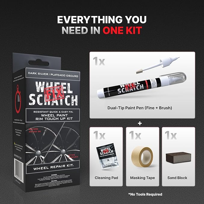 Wheel Scratch Fix® Dark Silver Touch Up Paint for Cars - DIY Alloy Wheel Repair Kit, Curb Rash Remover with Fast-Drying Pen - Long-Lasting OEM Finish Car Rim Paint for Scuffs and Chips at Home (Dark Silver)