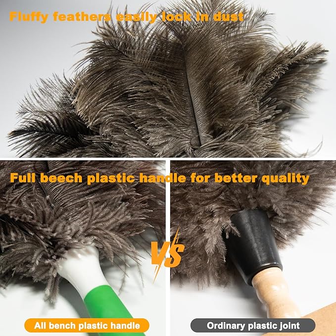 Genuine Ostrich Feather Duster 16 Inch Reusable Fluffy Soft Car Blind Baseboard Cleaner Handheld Dust Brush Washable for Home Office Cleaning Supplies