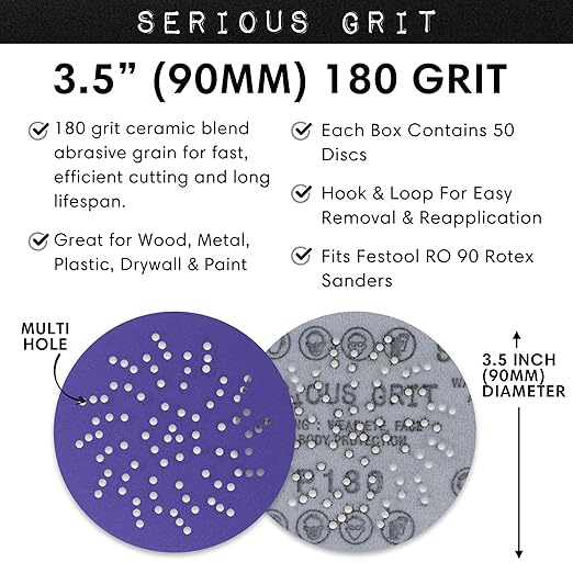 Serious Grit - 3.5-Inch (90mm) 180 Grit Sanding Discs - Advanced Ceramic Grain - Universal Multi-Hole Design Fits Festool RO 90 & Other 3.5 in RO Sanders - Heavy-Duty Hook & Loop Film Discs - 50 Pack