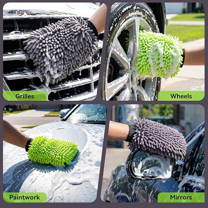 SZTCECDM 4Pack Scratch-Free Car Wash Mitt with Elastic Wrist Cuff & Waterproof Lining, High-Density Microfiber Mitt for Car Detailing, Protects Hands & Paint,Household Cleaning Glove Set(Grey)